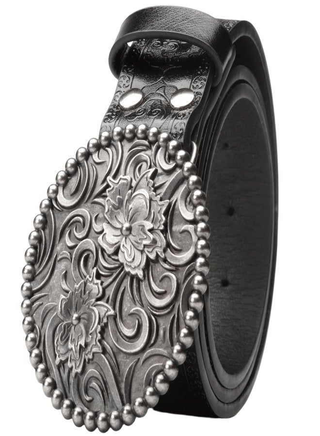 Wojgzon Western PU Leather Cowboy Cowgirl Belt for Men & Women - Vintage Flower Buckle Embossed Leather Belts for Jeans Pants - Image 1